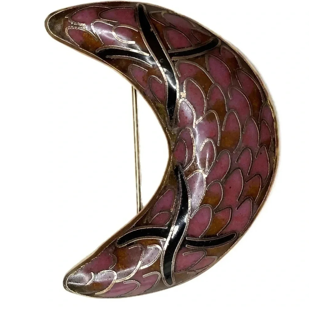 VINTAGE Half Moon Cloisonné Statement Brooch